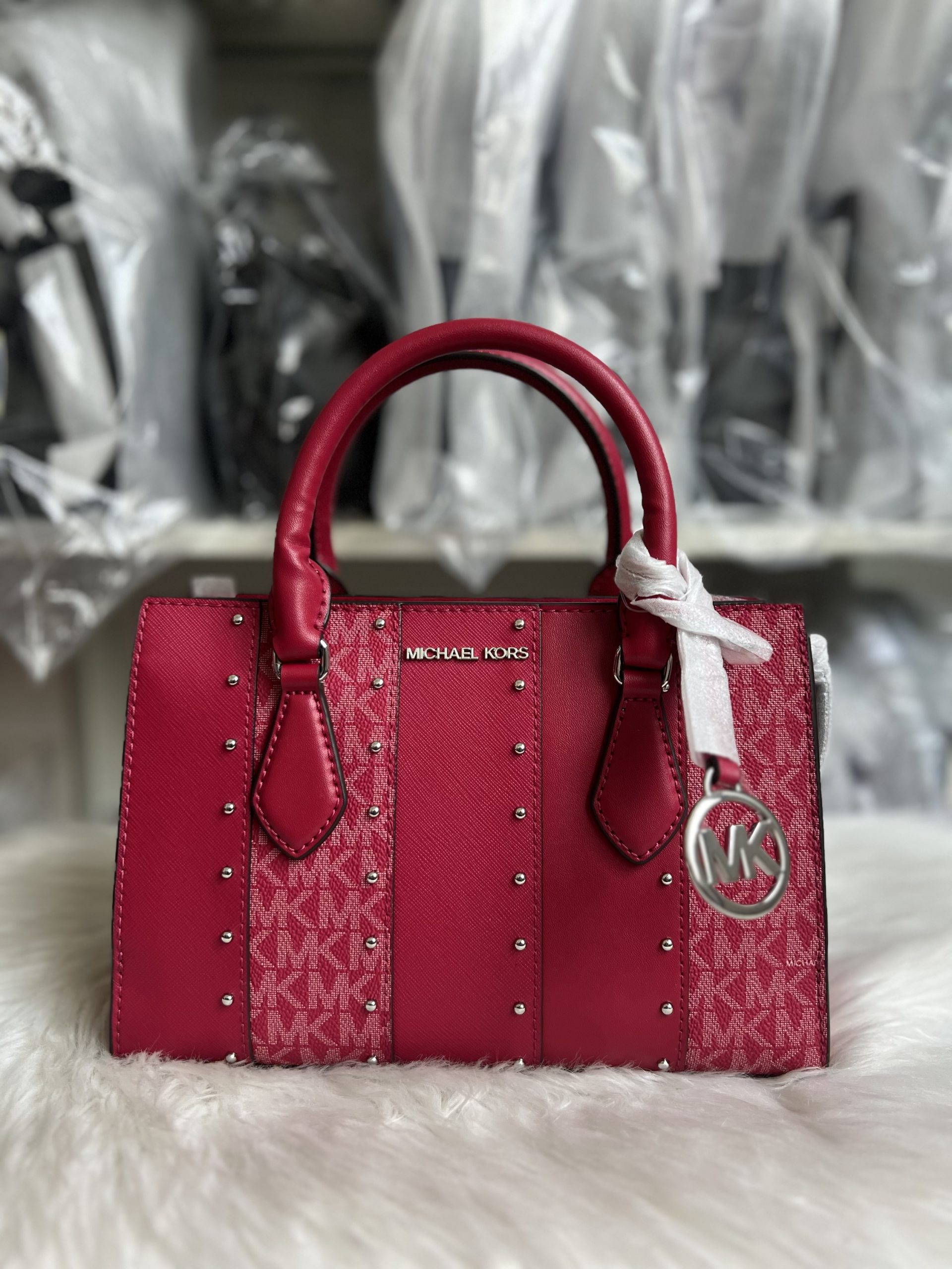 [ReadyMY] Michael Kors Sheila Small Studded Satchel in Signature Dark ...